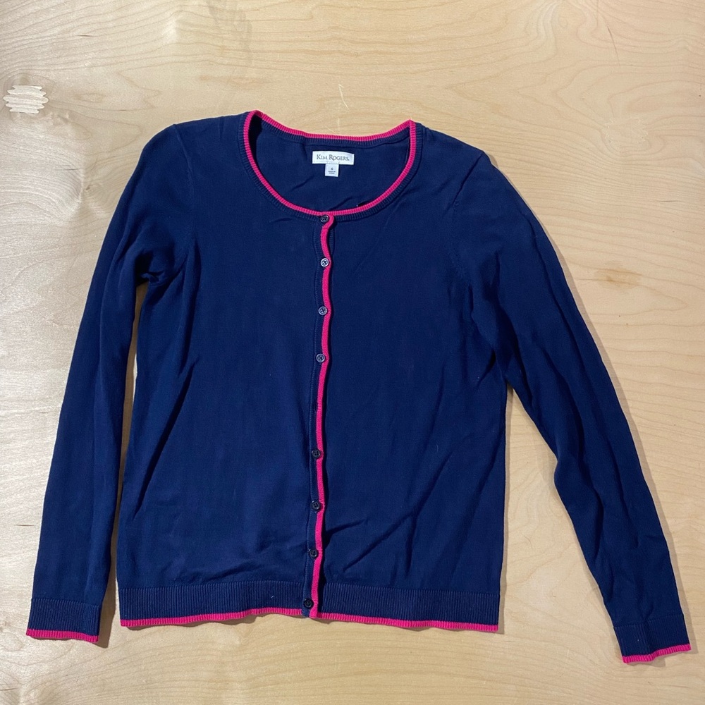 Kim Rogers Navy Cardigan with Pink Trim Small (QK)